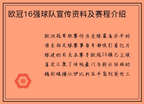 欧冠16强球队宣传资料及赛程介绍