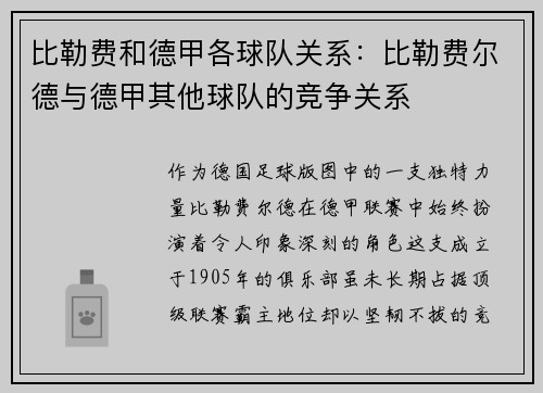 比勒费和德甲各球队关系：比勒费尔德与德甲其他球队的竞争关系